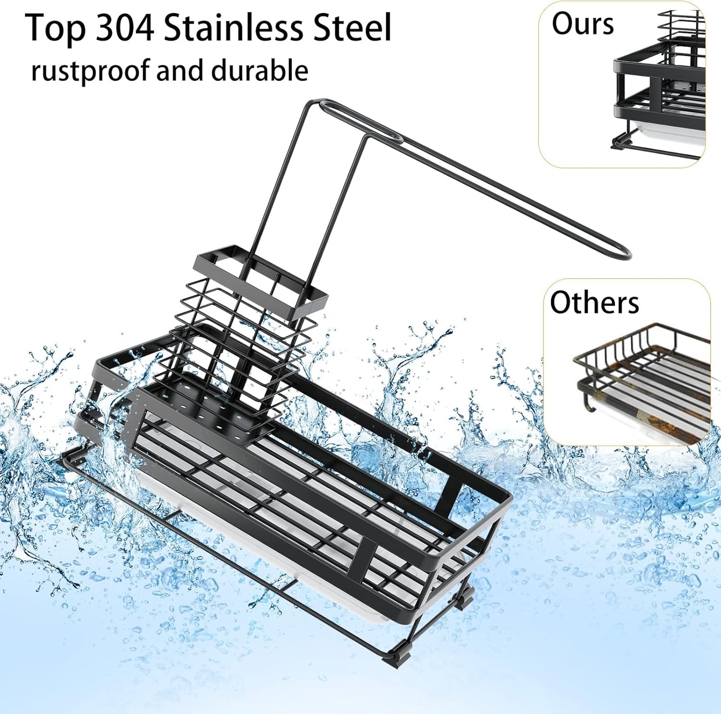 Kitchen Sink Organizer with Brush Rack, 304 Stainless Steel Dish Soap Dispenser