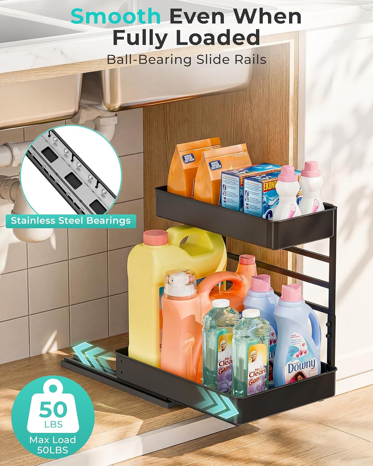 Height Adjustable 2 Tier Metal Pull Out Slide Shelf Organizer for Under Sink Cabinets in Kitchen