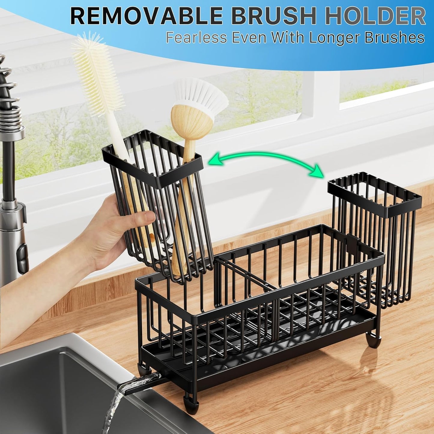 Sponge Holder for Kitchen Sink, Sink Caddy Organizer with High Brush Holder