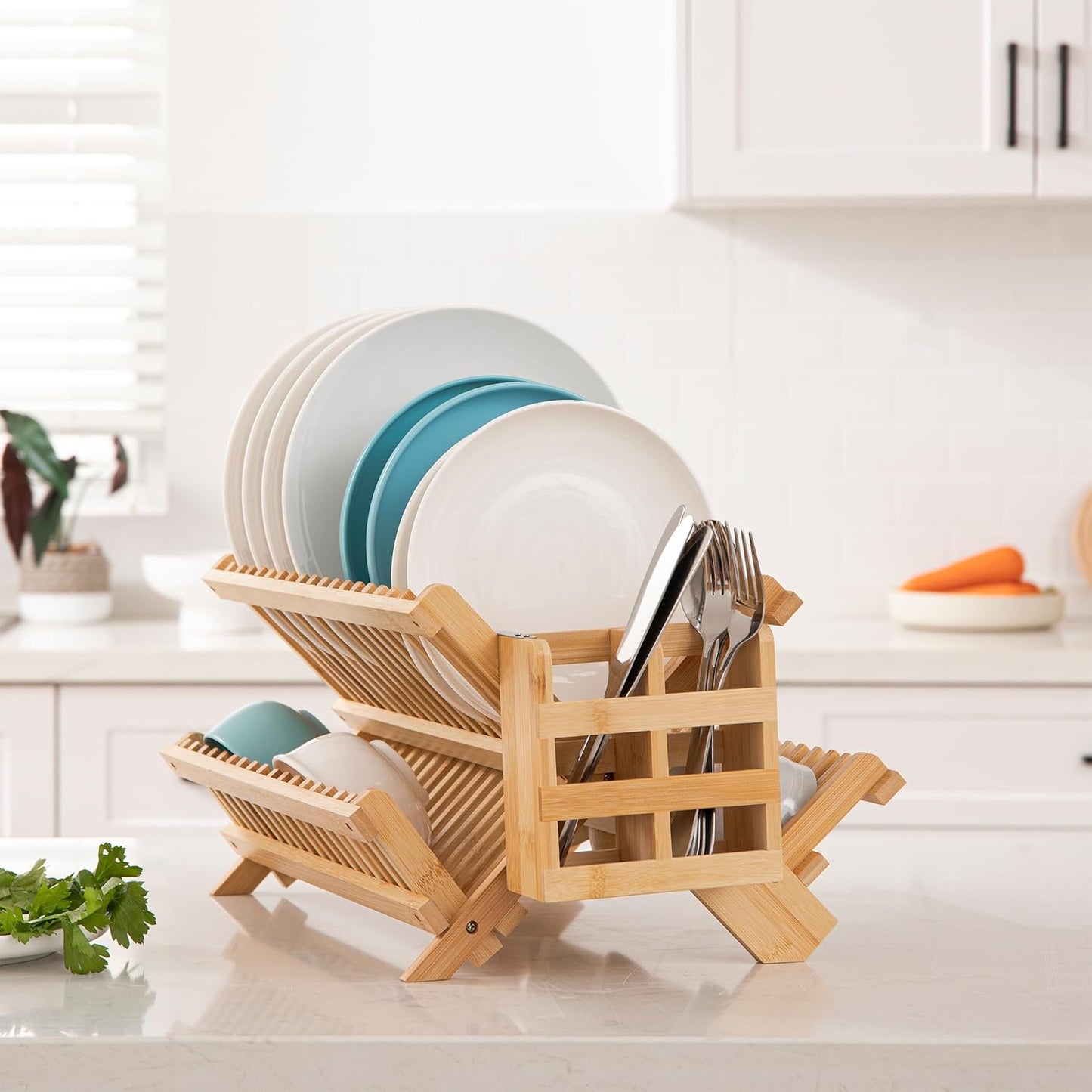 Bamboo Dish Drying Rack with Utensils Flatware Holder Set