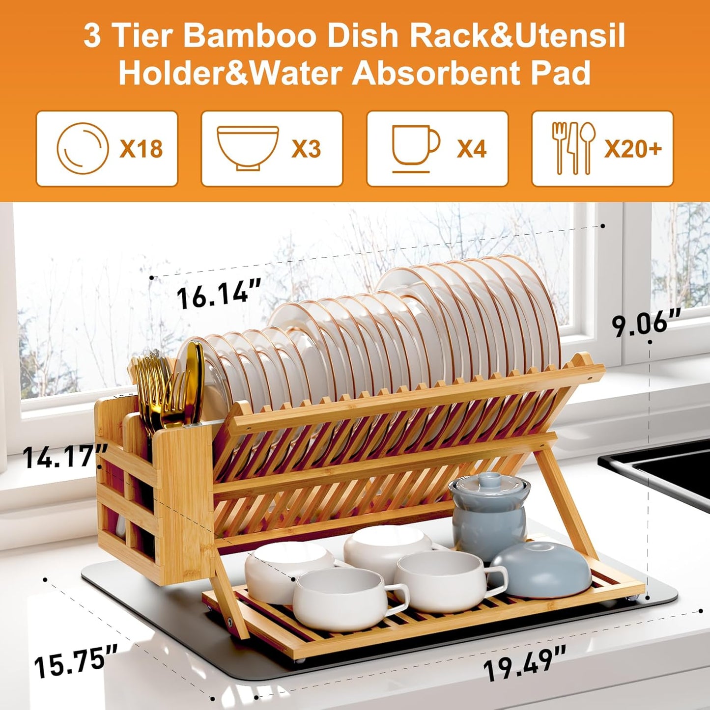 Bamboo Dish Drying Rack with Utensil Holder, 3 Tier Collapsible Dish Rack