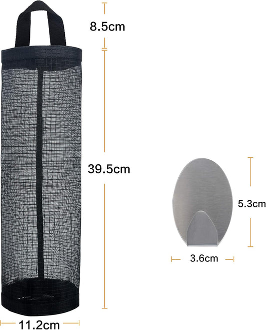 Mesh Garbage Bag Sulimy Plastic Bag Holder Dispensers 2pcs Folding Hanging Storage Trash bags Holders Organizer Recycling Grocery Pocket Containers with 2 Hooks for Home and Kitchen Black