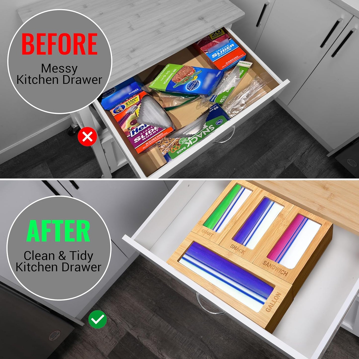 Storage Bag Organizer for Kitchen Drawer - Bamboo Baggie Organization Compatible with Gallon