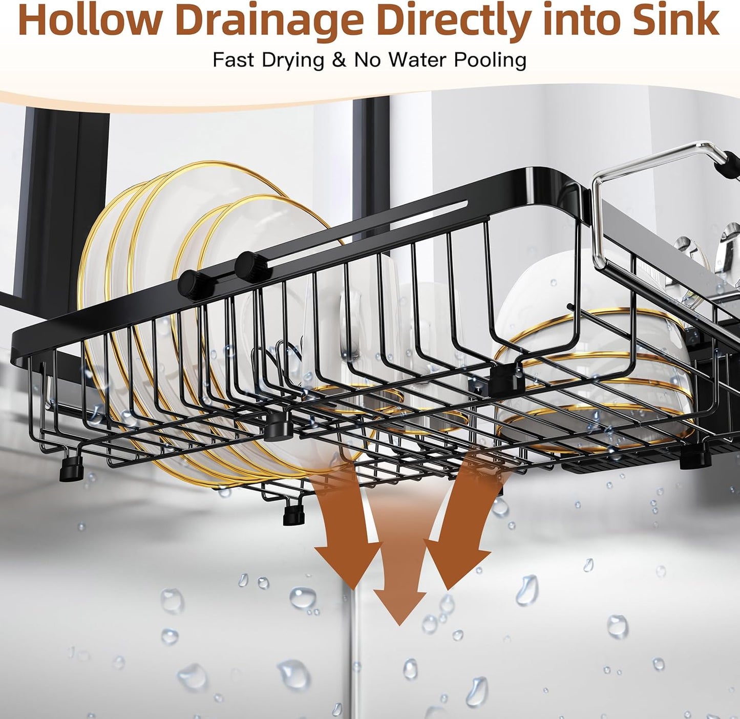 Expandable Dish Drying Rack Over The Sink Small Metal Stainless Steel Plate Holder for Compact Kitchen, Space Saving Modern Black Hanging Drainer