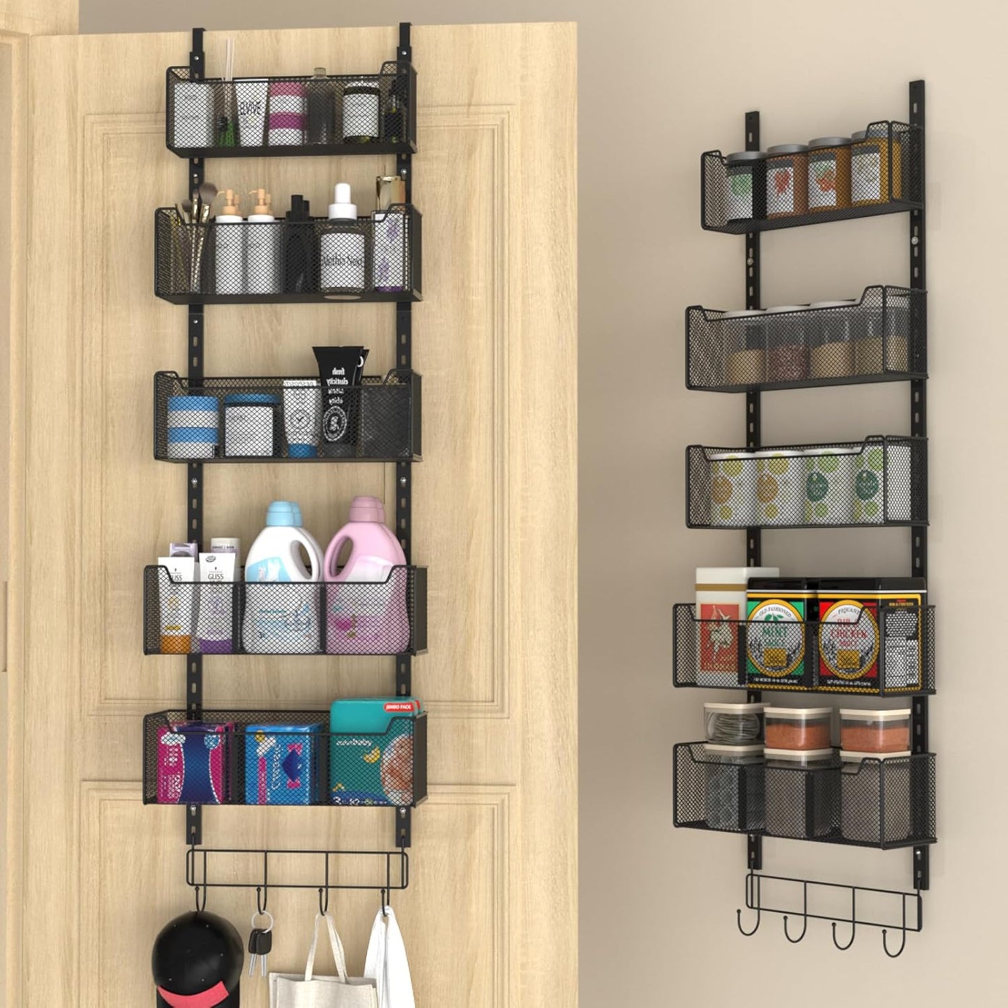 Over The Door Organizer, Metal Door Organizer Hanging with 5 Adjustable Baskets and Coat Hook