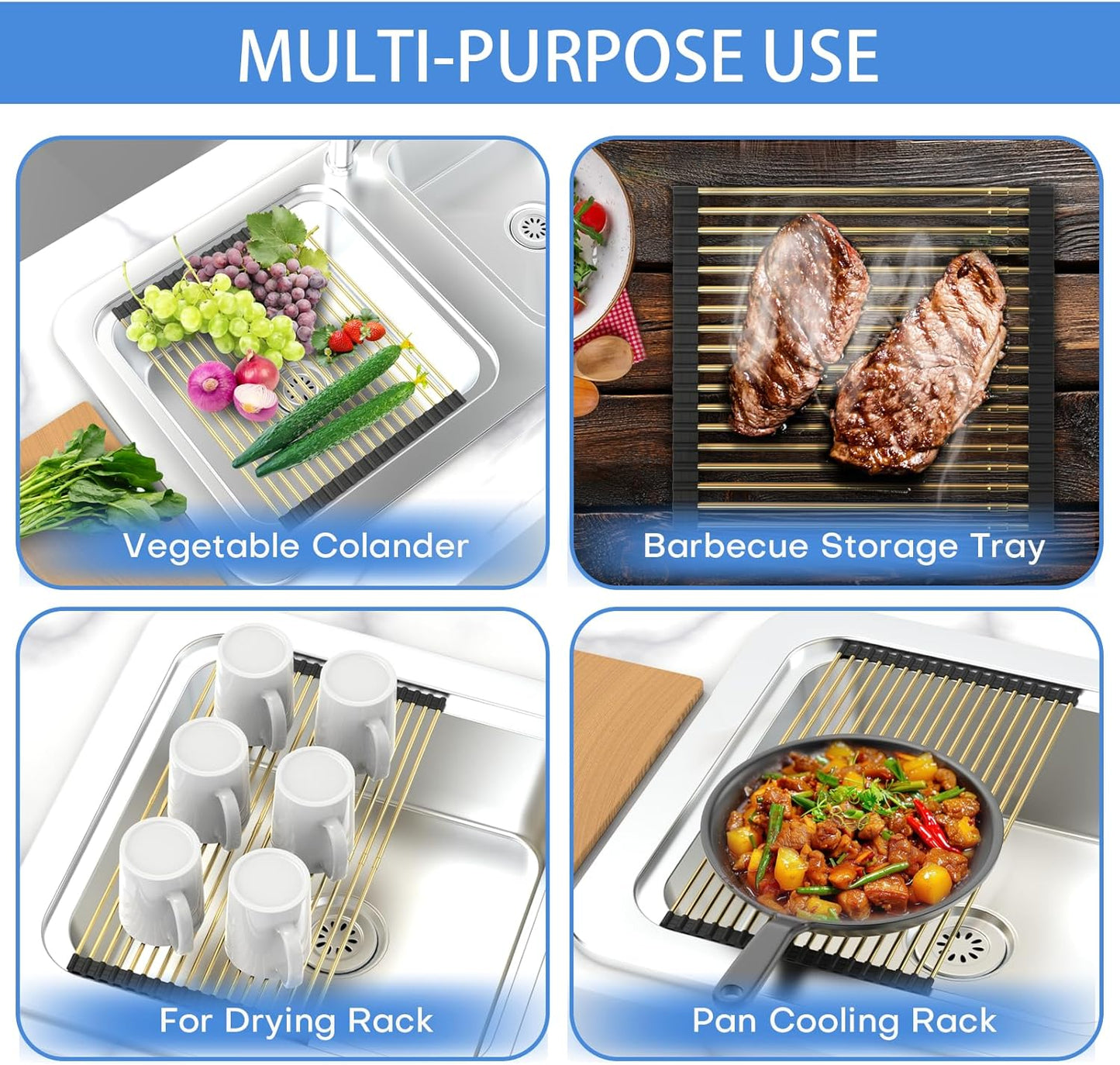 Expandable Large Draining Rack, Roll Up Heat-Resistant Dish Drainer for Stainless Steel Sinks