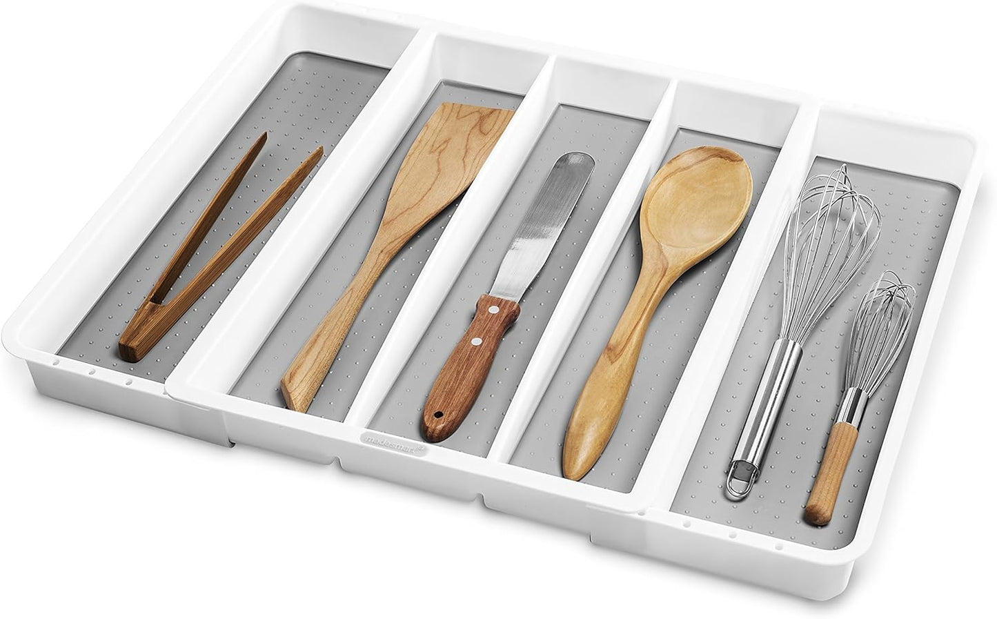 Expandable Utensil Tray-White | Classic Collection | 5-Compartments | Kitchen Organizer | Soft-Grip Lining and Non-Slip Rubber Feet | Easy to Clean | BPA-Free