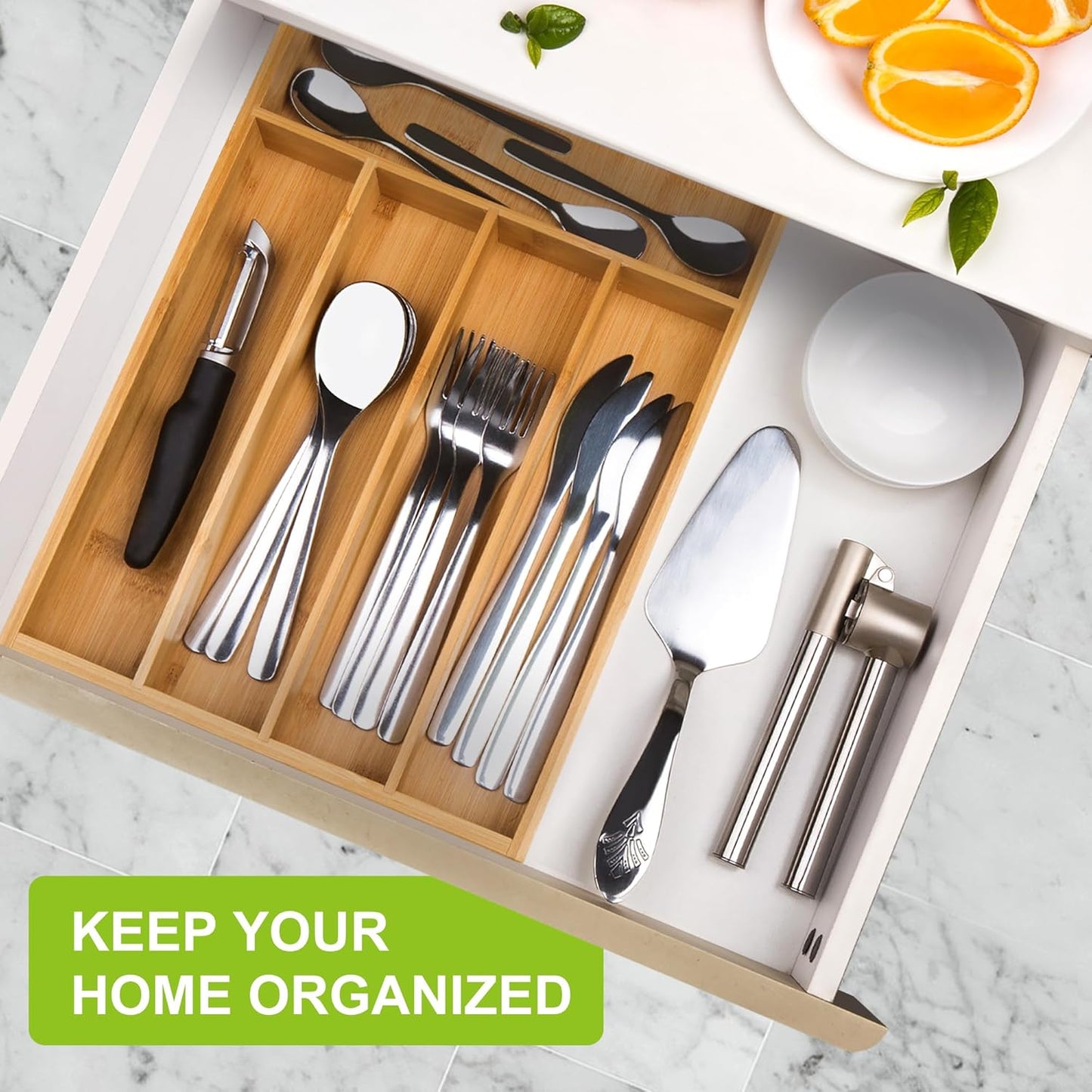 Bamboo Utensil Drawer Organizer, Kitchen Organizer for Flatware Cutlery