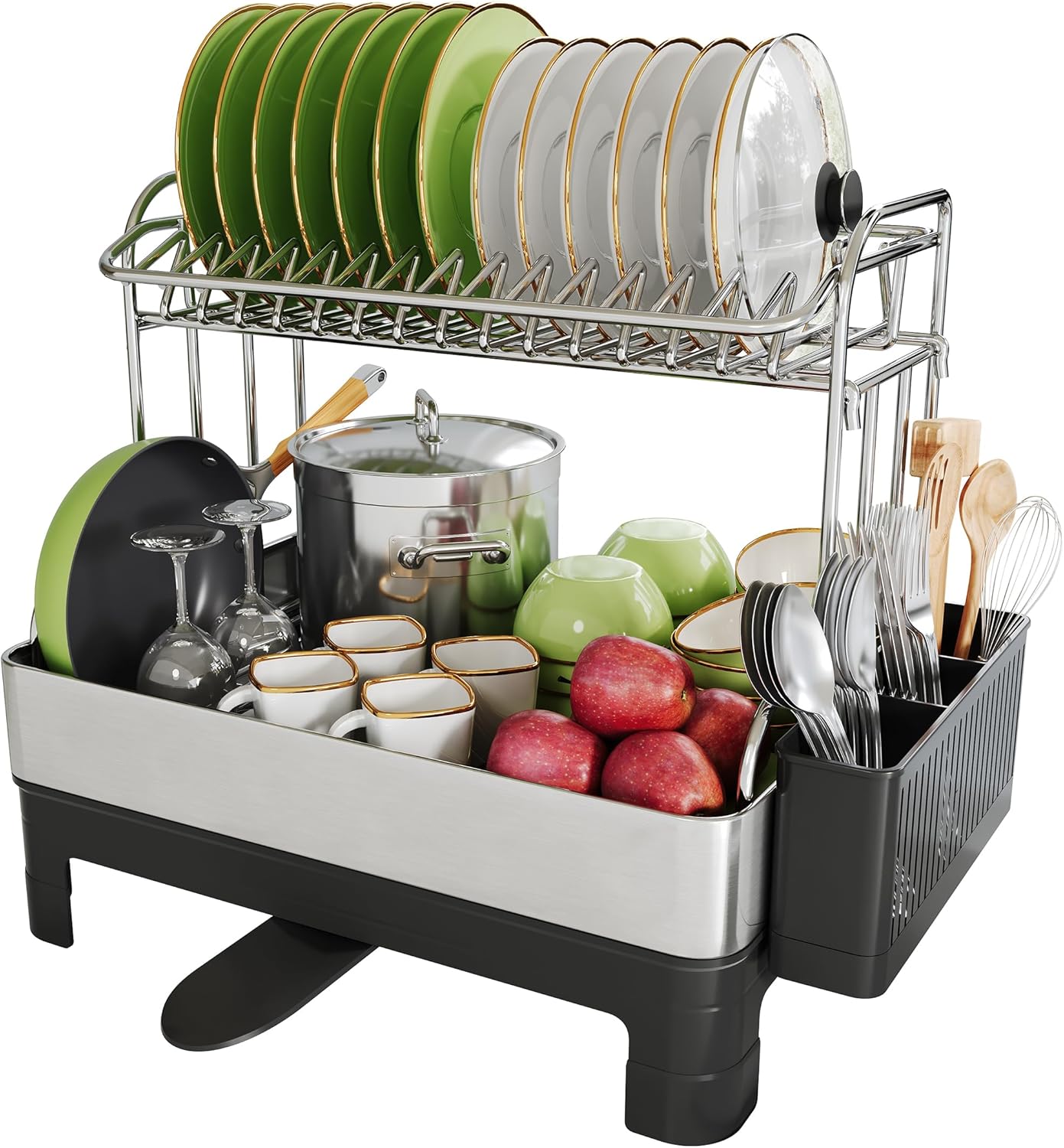Extra Large Two Tier Stainless Steel Dish Drainer Drying Rack with Drainboard for Kitchen Counter