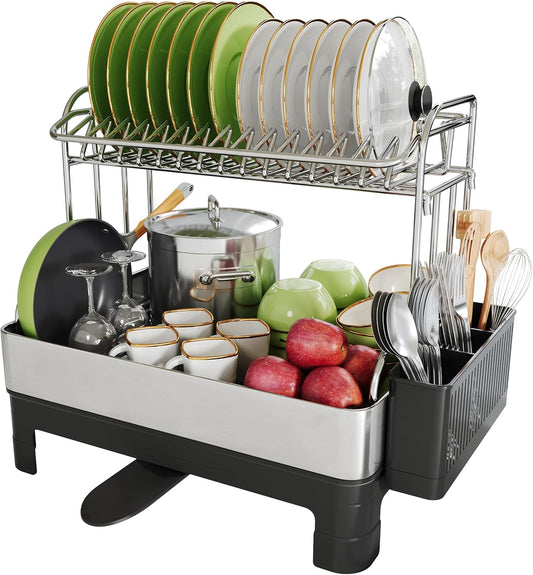 Extra Large Two Tier Stainless Steel Dish Drainer Drying Rack with Drainboard for Kitchen Counter