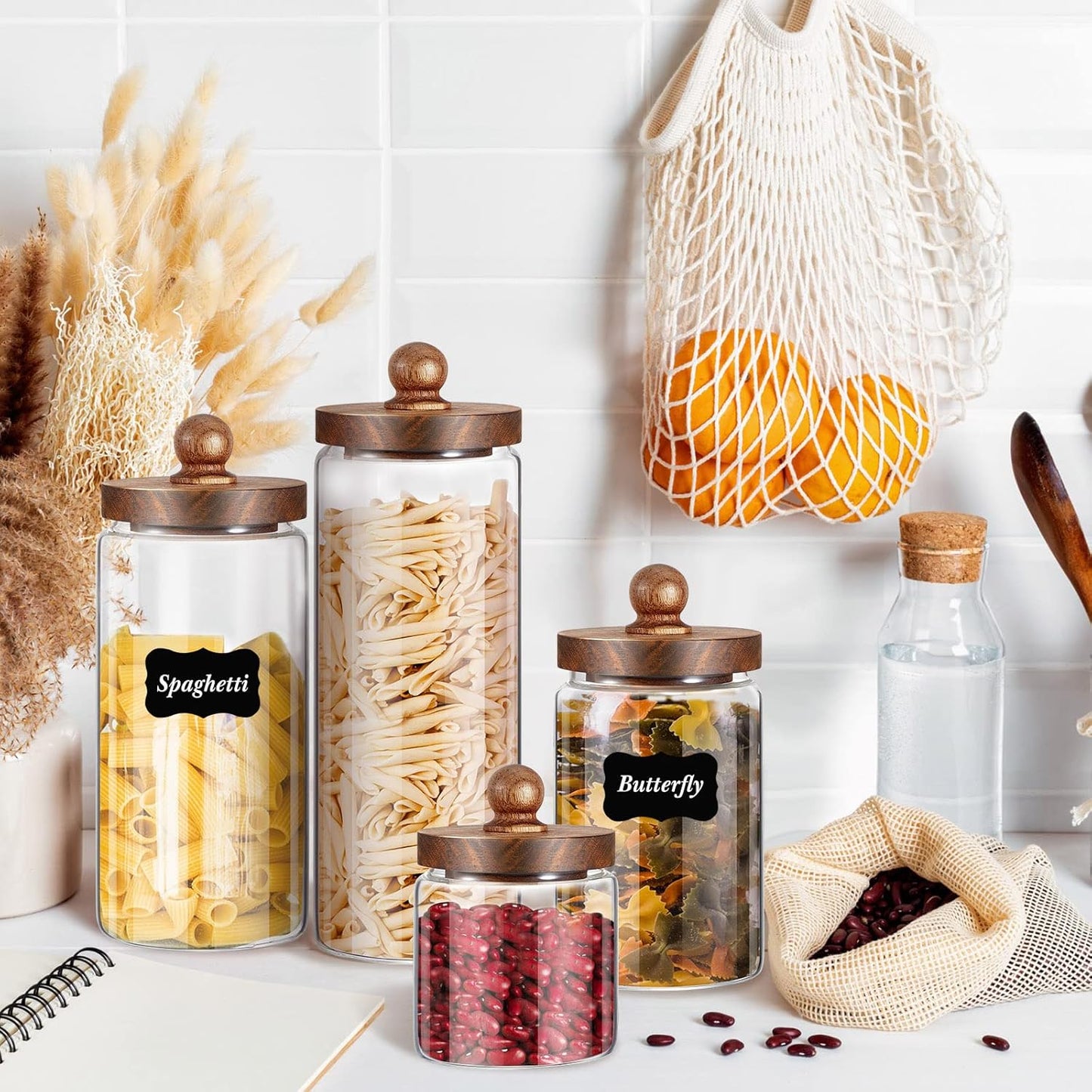 Glass Storage Jars Set of 4, Clear Food Storage Containers with Wooden Lids Airtight Kitchen Canisters with Sticker and Chalk for Candy Cookie Rice Sugar Flour Pasta Nuts Beans Spice, 4 Sizes