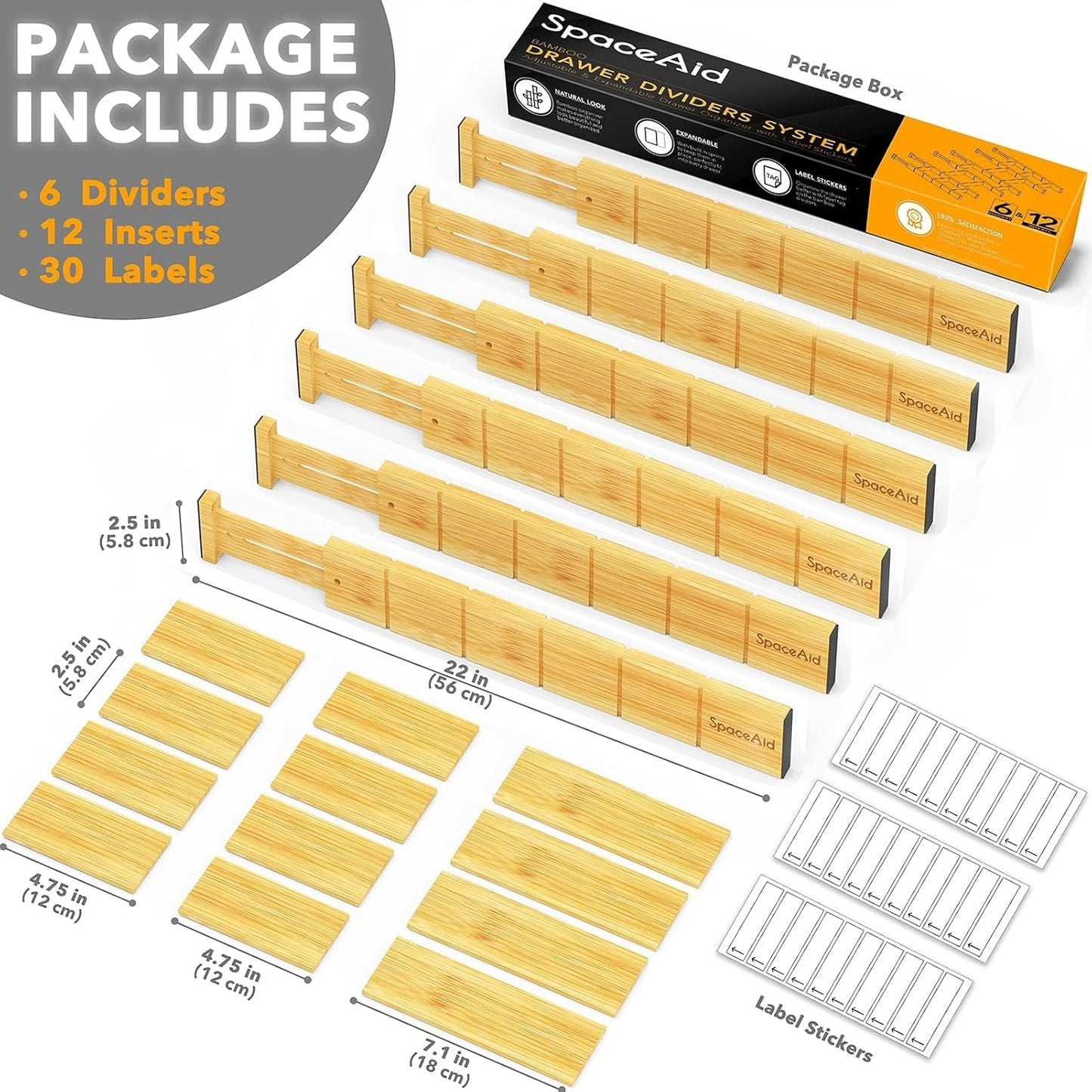 Bamboo Drawer Dividers with Inserts and Labels, Kitchen Adjustable Drawer Organizers