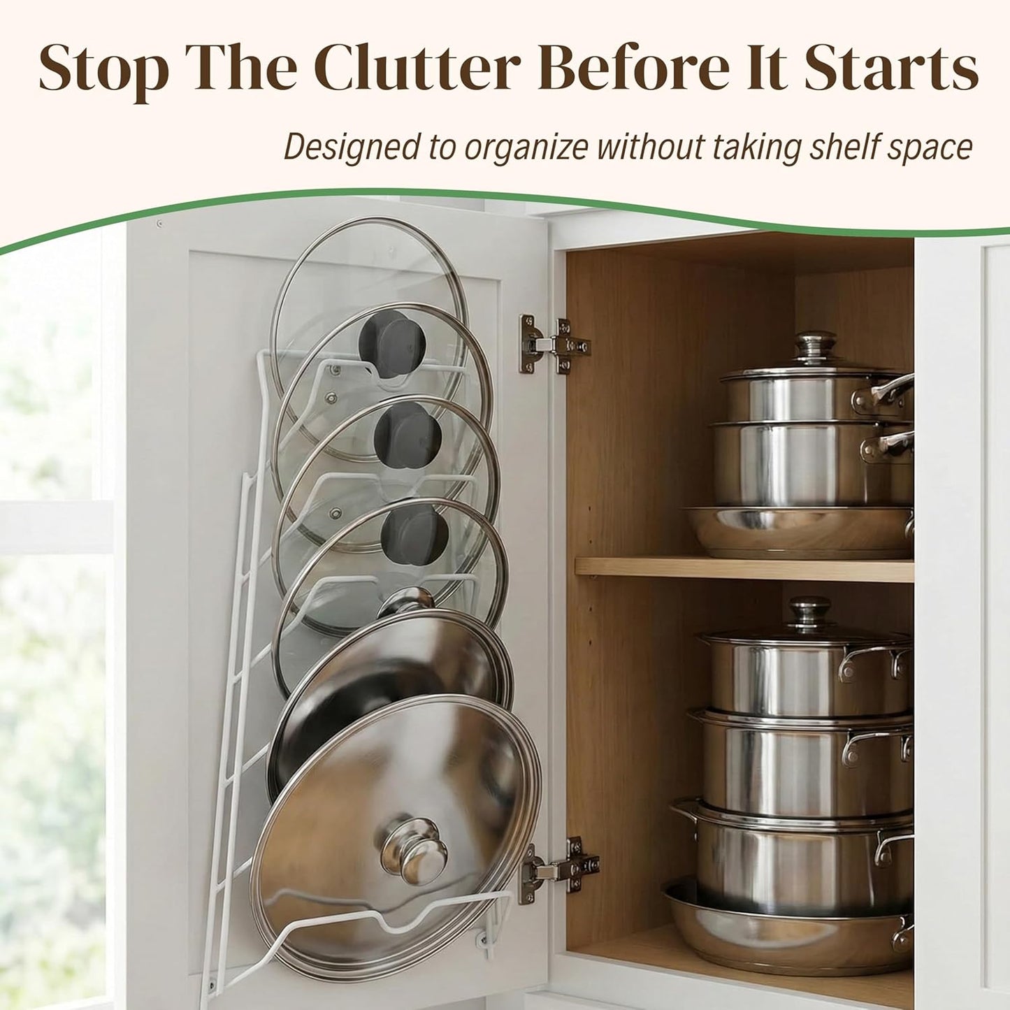 6 Pot Lid Organizer for Cabinet or Pantry Wall - Cupboard Door Pots and Pans Organizer
