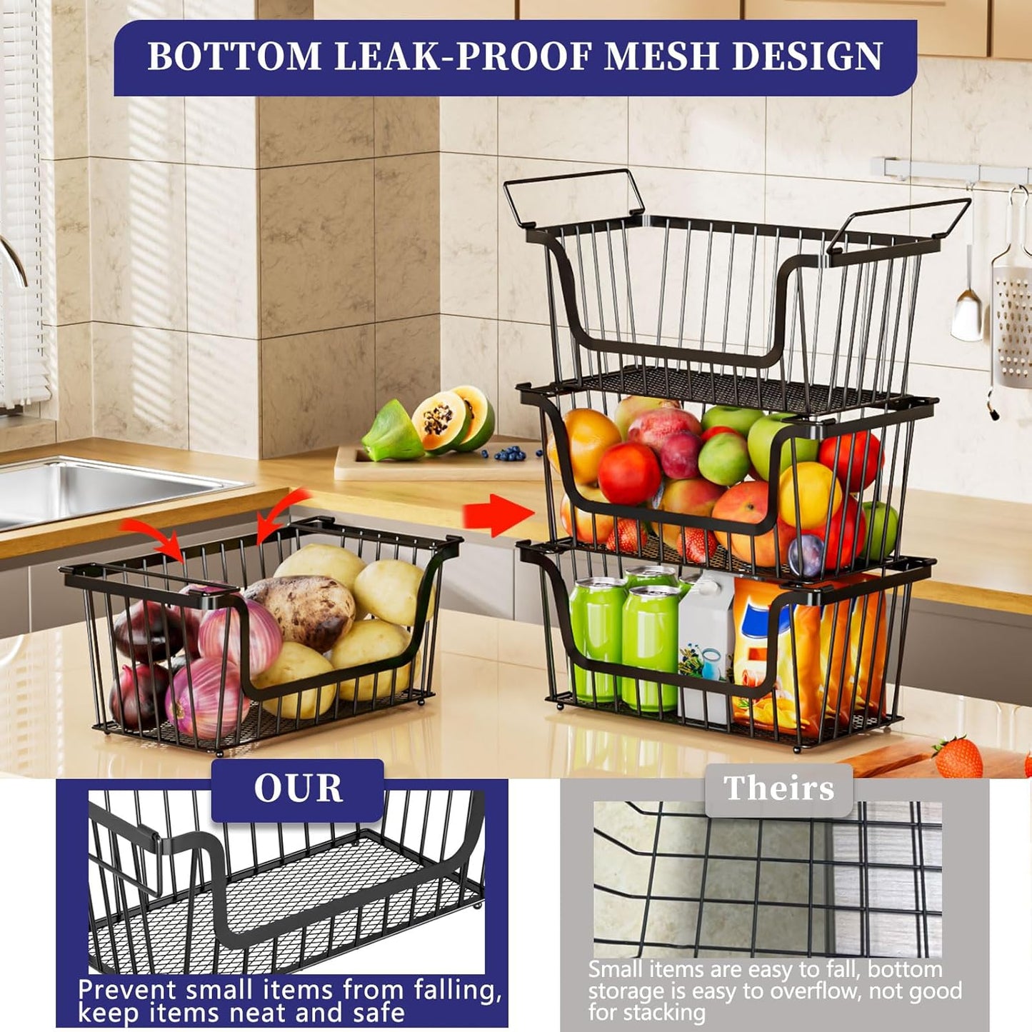 4 Pack Enhanced Leak-Proof Bottom Stackable Wire Baskets, Pantry Organizers and Storage