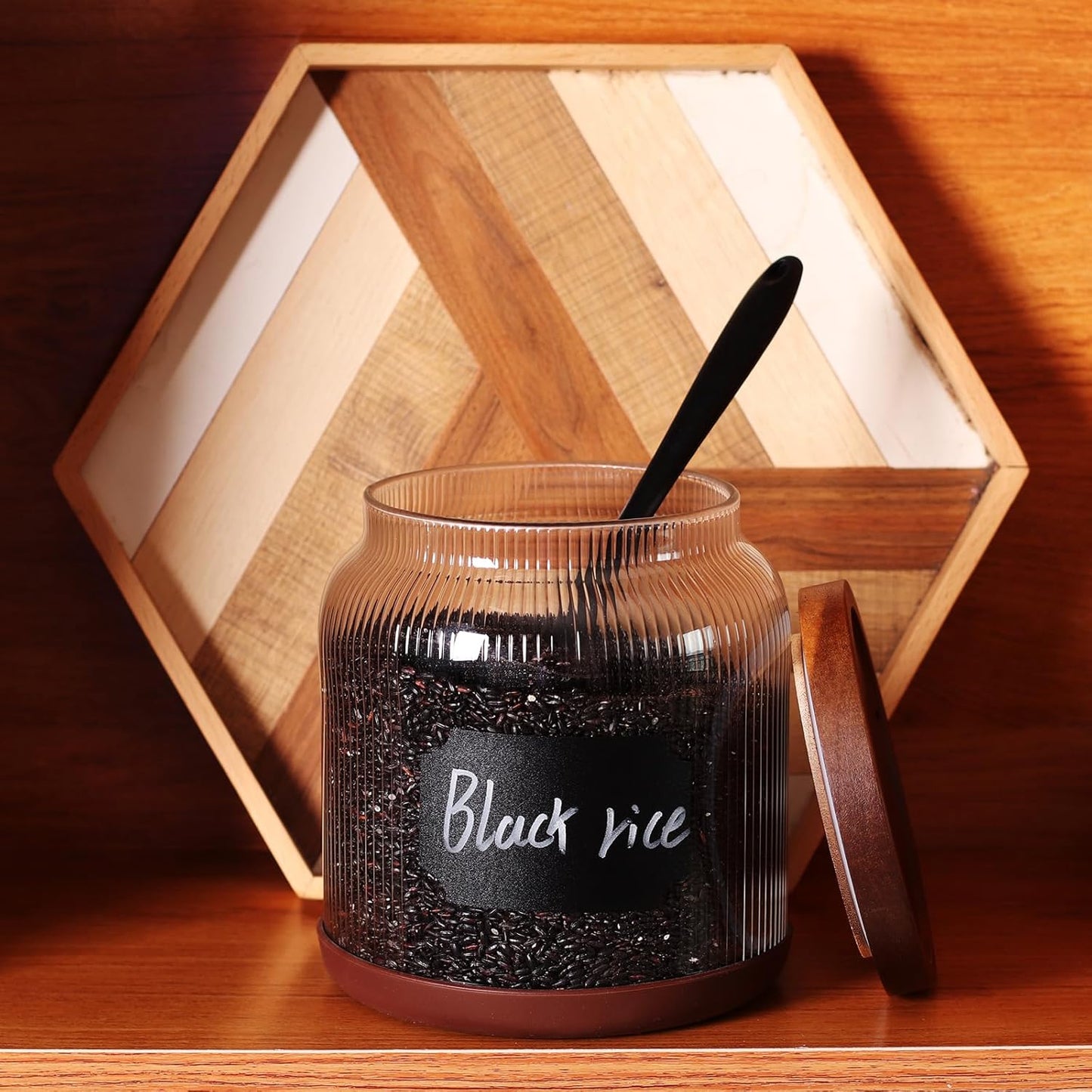 2-Pack Striped Borosilicate Glass Airtight Canisters - Big mouth Large Capacity, Acacia Wood Lid