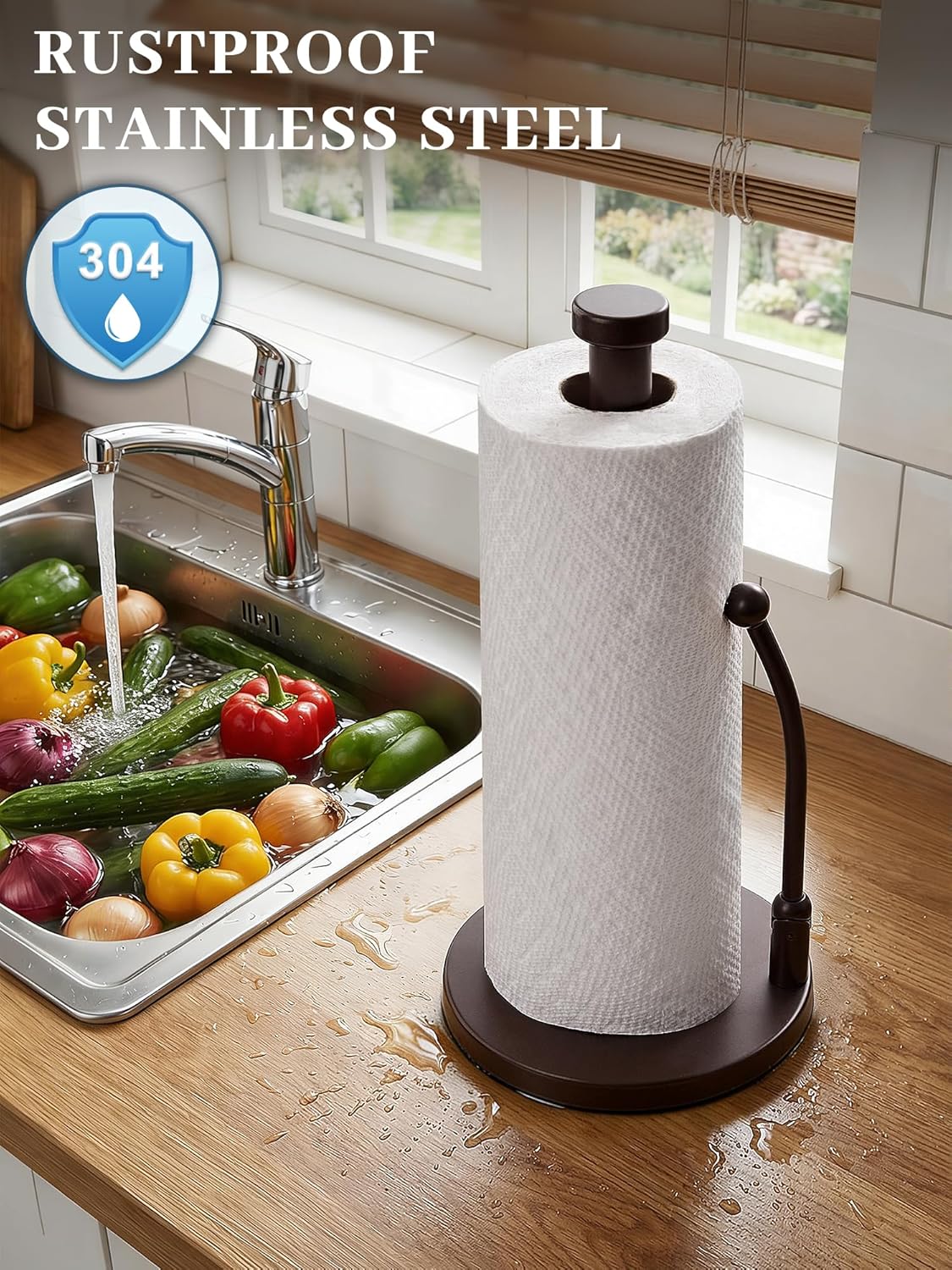 SMARTAKE Paper Towel Holder, Paper Towel Dispenser Standing Weighted Base Non Slip, Spring Arm for Easy Tear, Stainless Steel Paper Towel Holder for Home Kitchen Countertop Tabletop, Bronze
