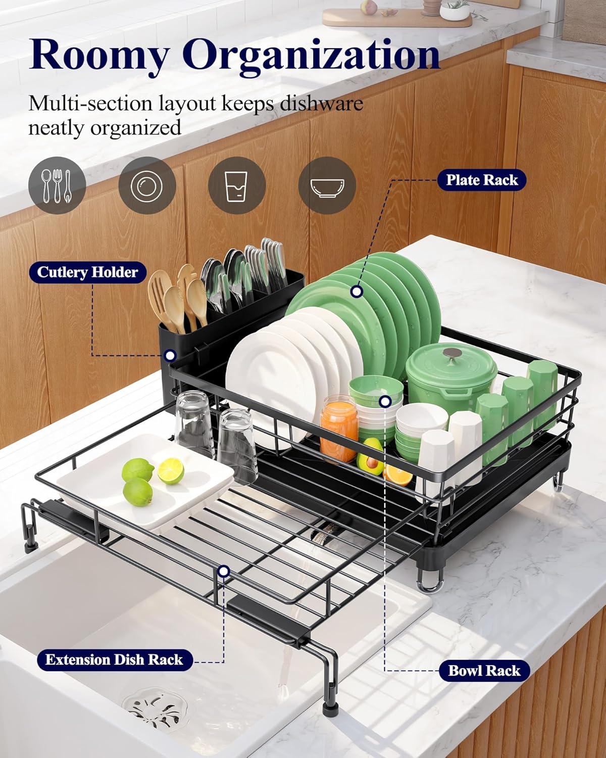 Extendable Dish Drying Rack - Rust-Resistant Dish Racks for Kitchen Counter with Adjustable Support Legs, Cutlery Holder & Removable Draining Tray (Black, 15.6''-25.2''L × 16.9''W × 8.1''H)