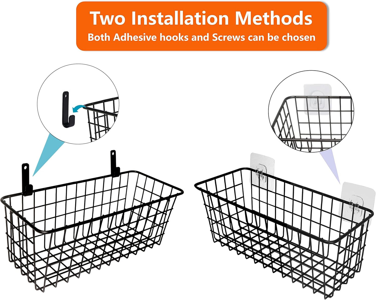 3 Set Hanging Wire Baskets ,Wall Mount Fruit Basket,No Drilling,Adhesive Small Metal Basket,Farmhouse Food Storage Mesh Bin Kitchen Pantry Laundry Bathroom Closet Garage RV ,Black