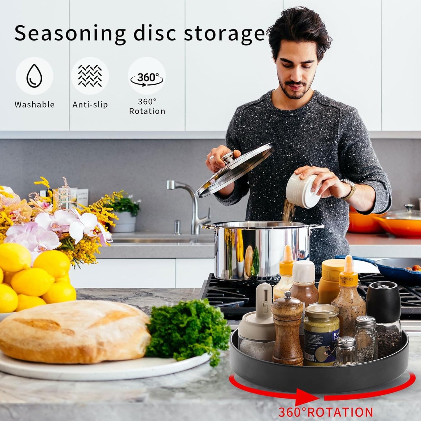 Non-Slip Rotating Lazy Susan Turntable, 360-Degree Swivel, Black with Textured Surface (Black