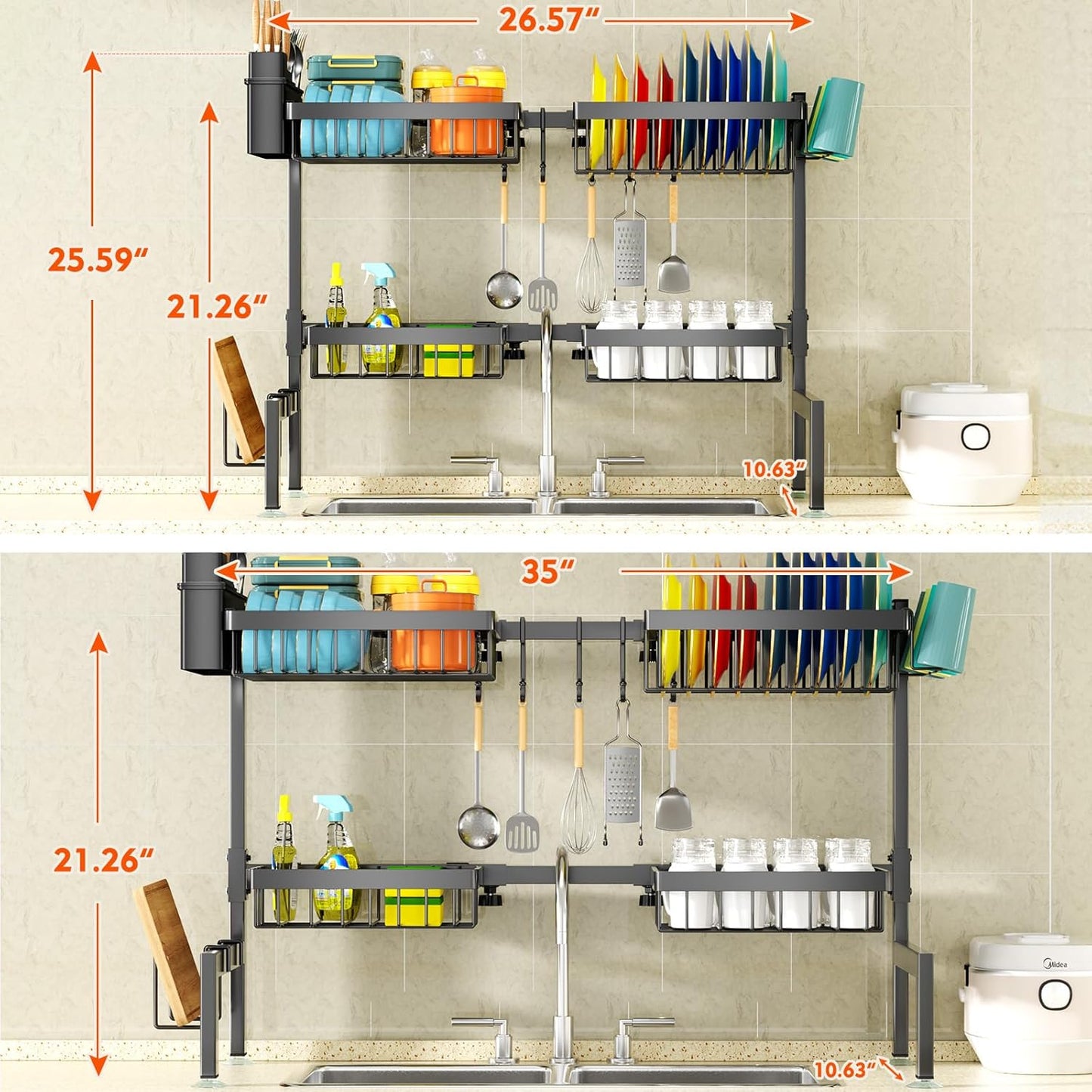 4 Baskets Over The Sink Dish Drying Rack, Extendable Large Capacity Sink Rack