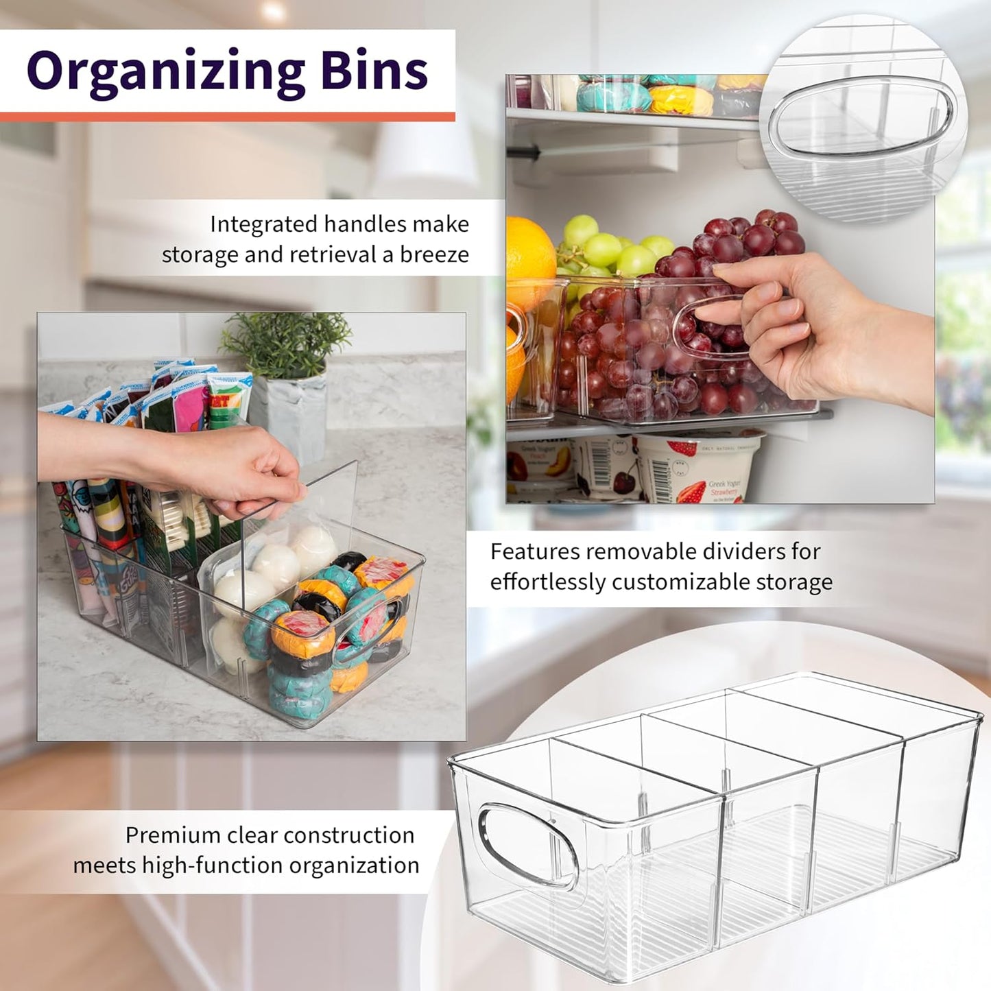 Plastic Pantry Bins with Removable Dividers - Kitchen Storage and Organization (4 Pack)