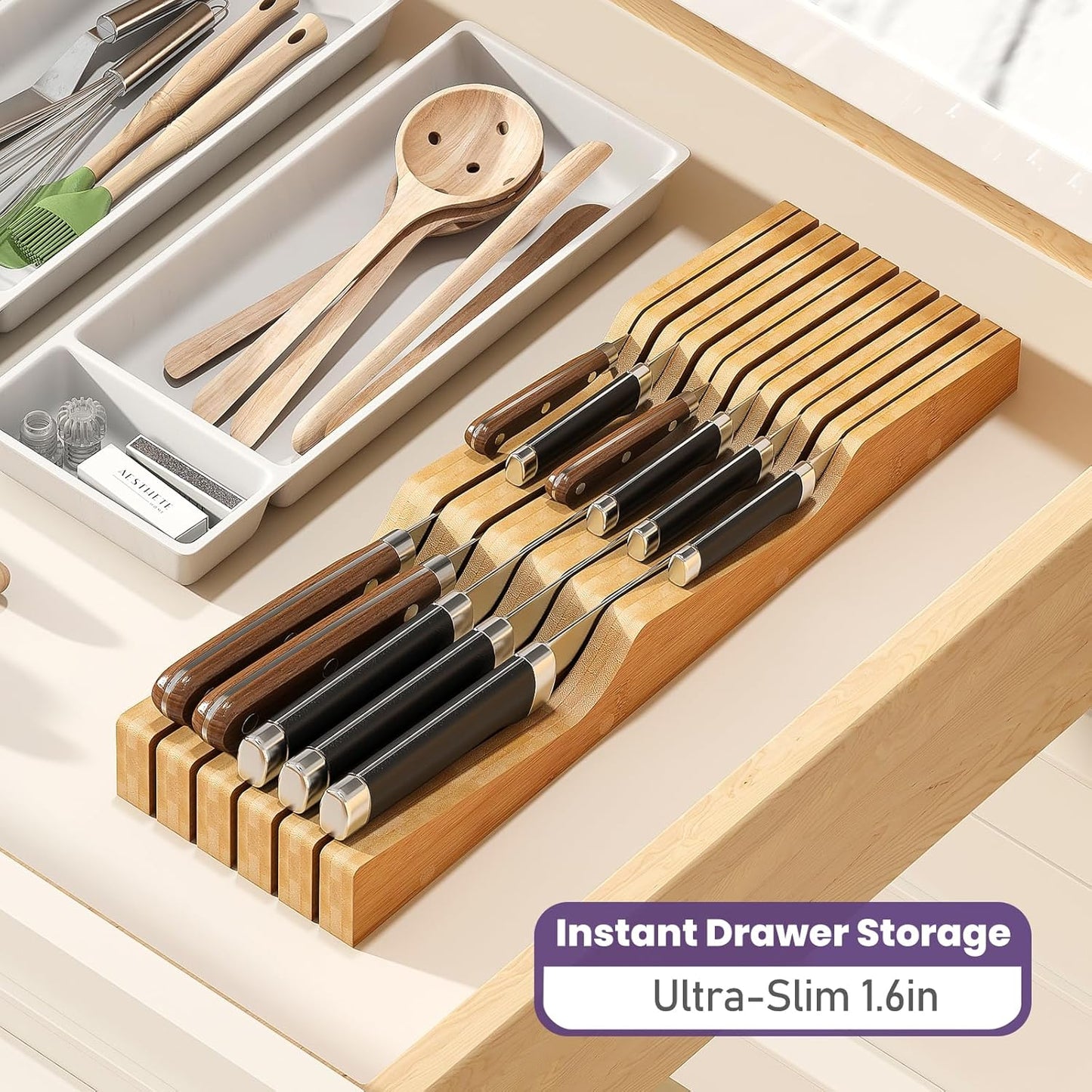 Bamboo In-Drawer Knife Block for 11 Knives(Not Included)