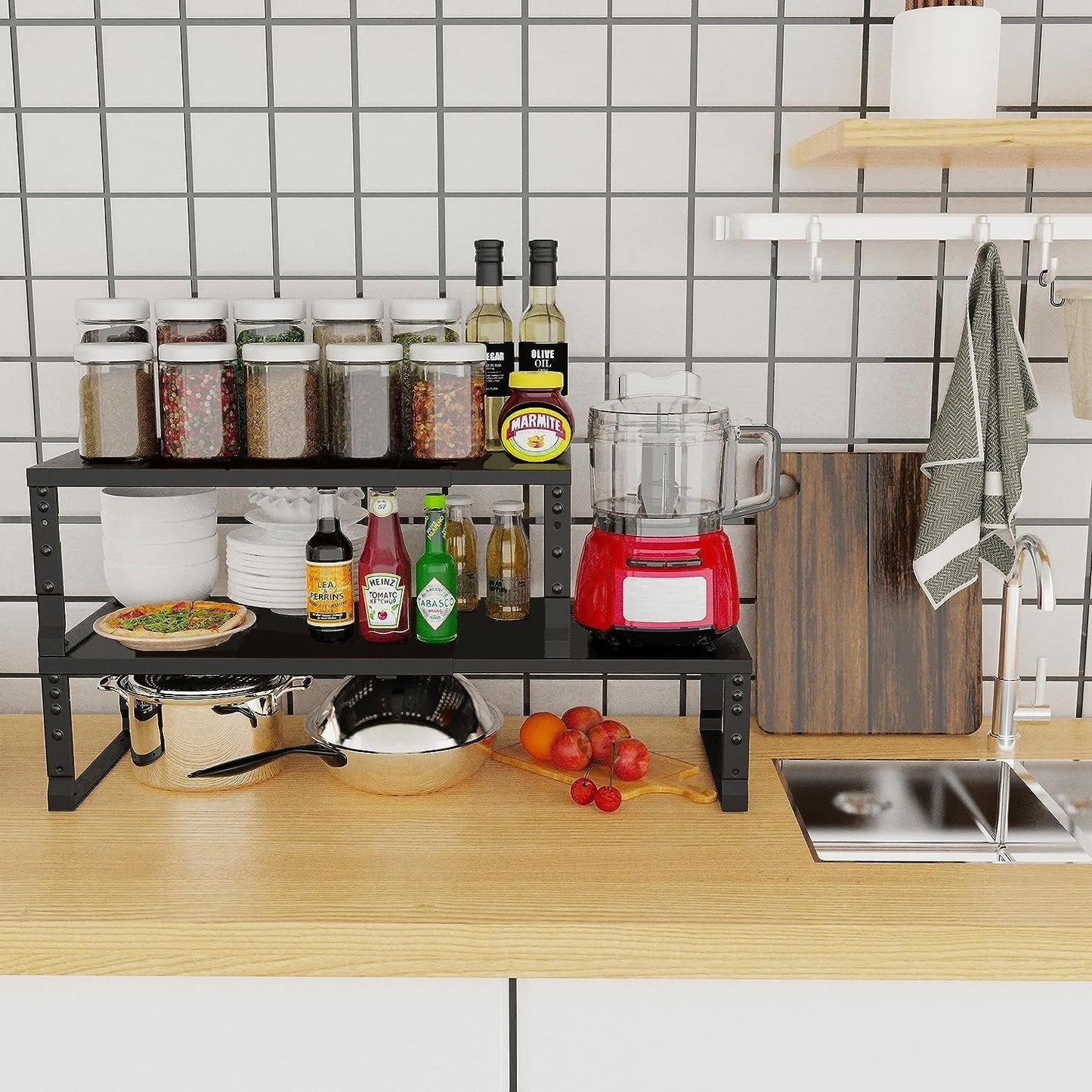 Expandable Cabinet Shelf Organizer Storage Spice Rack Shelves for Kitchen Stackable Adjustable Pantry Cupboard Bathroom Countertop Desktop(1Pack/Black/Large)