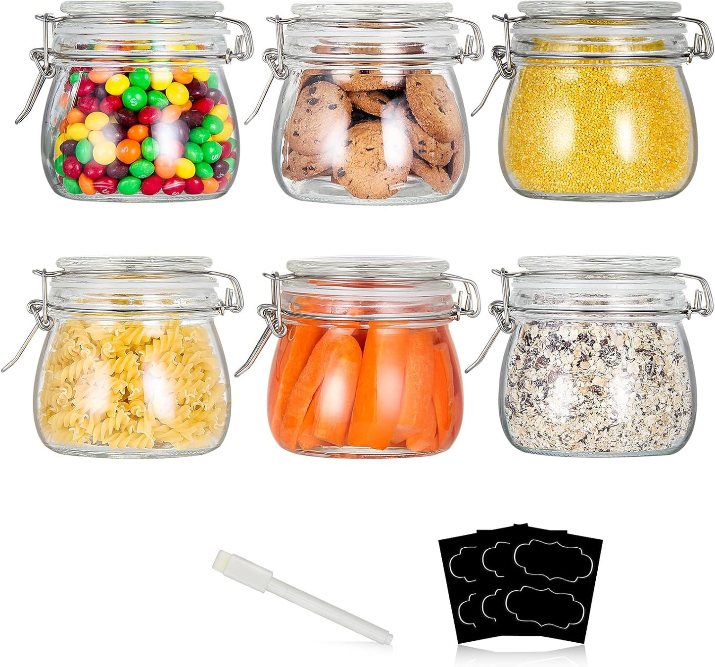 16oz Food Storage Canister Glass Jars with Clamp Airtight Lids and Silicone Gaskets for Multi-Purpose Kitchen Containers - Clear Round (6 Pack)