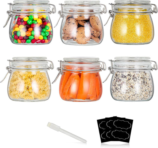 16oz Food Storage Canister Glass Jars with Clamp Airtight Lids and Silicone Gaskets for Multi-Purpose Kitchen Containers - Clear Round (6 Pack)