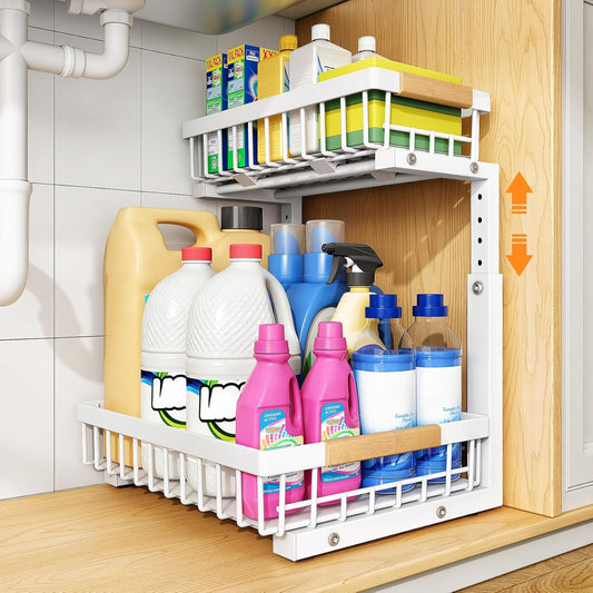 Under Sink Organizer, Adjustable Height, 2 Tier Pull Out Under Cabinet Organizer