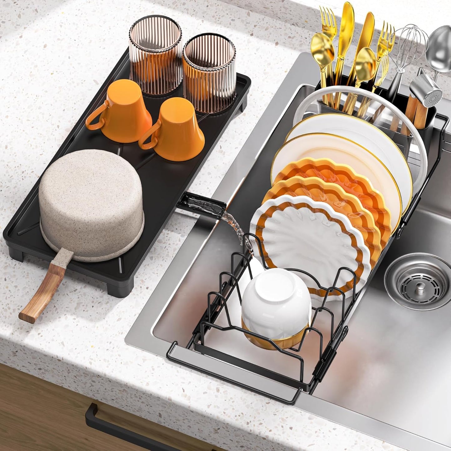 Small Dish Drying Rack - Expandable Sink Dish Drying Rack Over Sinks with Drying Tray