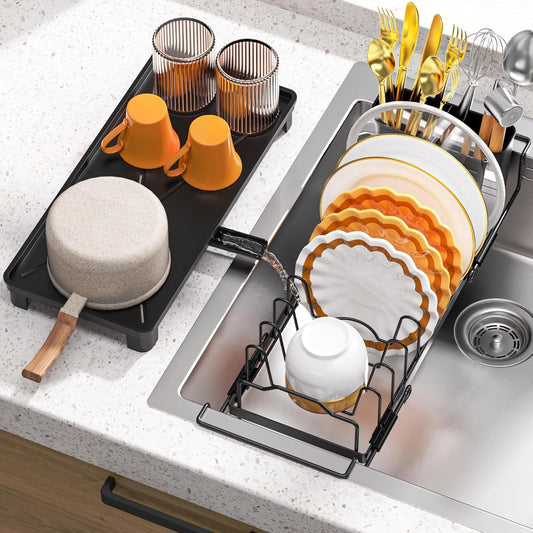 Small Dish Drying Rack - Expandable Sink Dish Drying Rack Over Sinks with Drying Tray