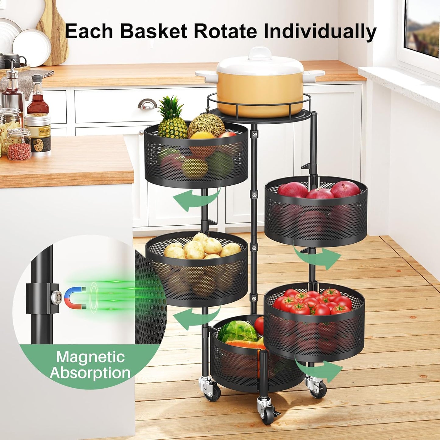 Fruit Vegetable Basket for Kitchen, Rotating Storage Rack, 5 Tier Rolling Cart with top lid