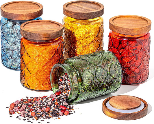 5 Pcs 23.7oz Vintage Glass Jar with Lids Colored Glass Canisters Jars with Airtight Wooden Lids for Kitchen Counter Flour Sugar Cookie Coffee Tea Storage Containers