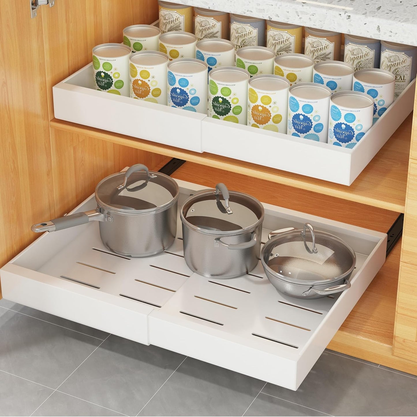 COVAODQ 1 Pack Pull Out Cabinet Organizer Extendable Sliding Slide Out Pantry Shelves Storage No Punch for Kitchen Base Cabinet Organization, Pantry, Bathroom Adjustable Width 12.4" to 20.4"