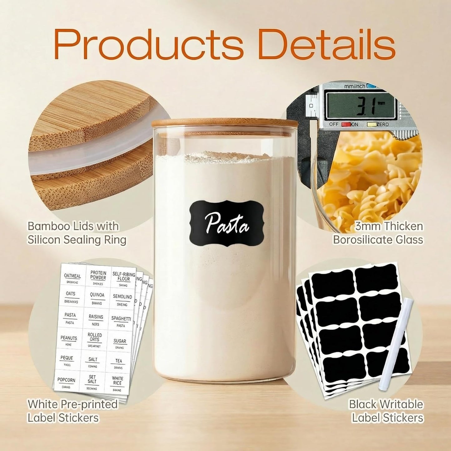 Glass Jars with Bamboo Lids 28 floz [Set of 8], Glass Canisters with Airtight Lids