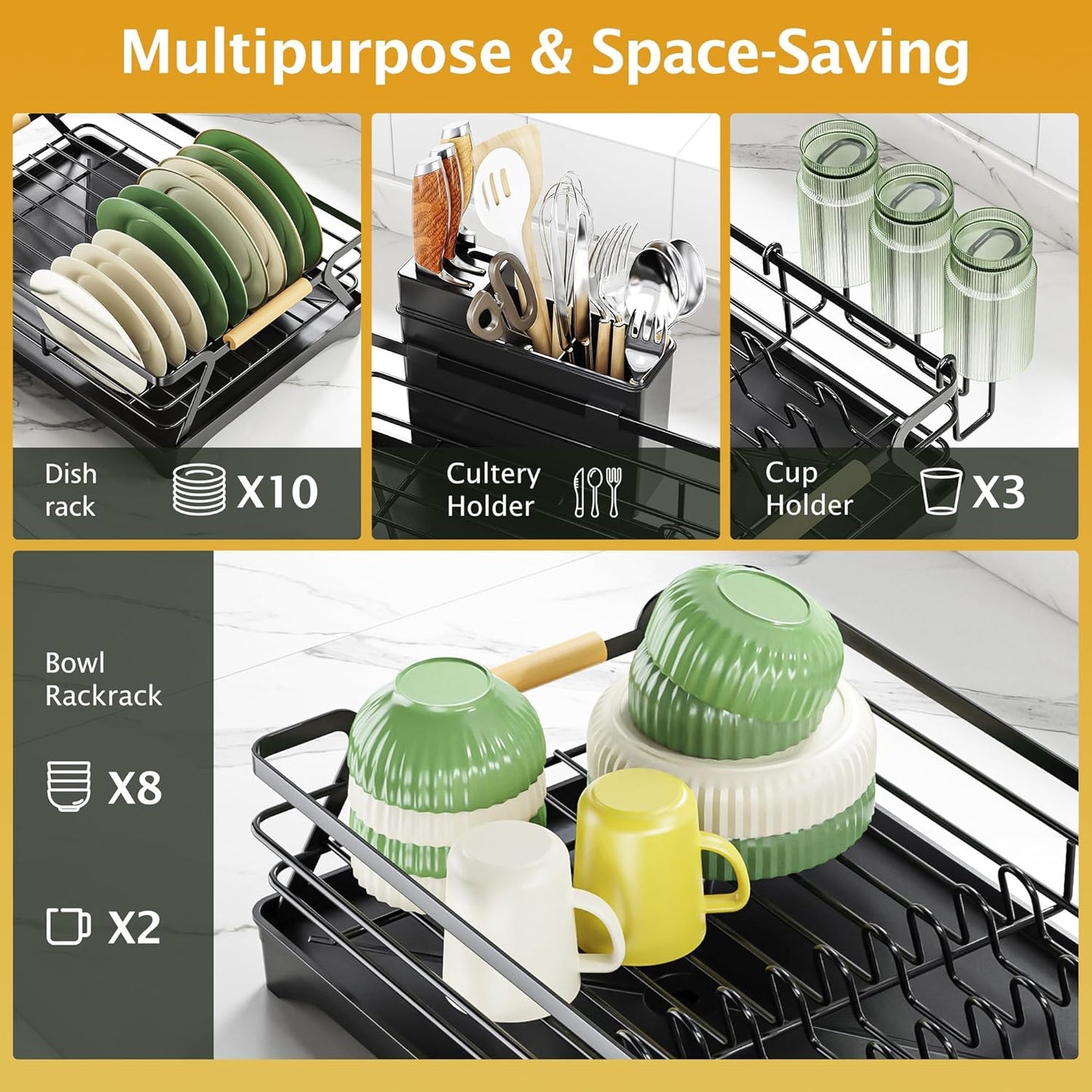 Dish Drying Rack for Kitchen Counter,Space-Saving Dish Rack,Rustproof Dish Drainer with Utensil Holder and Knife Slots for Sink,Kitchen Drying Rack with Wooden Handle and Cup Holder, Black