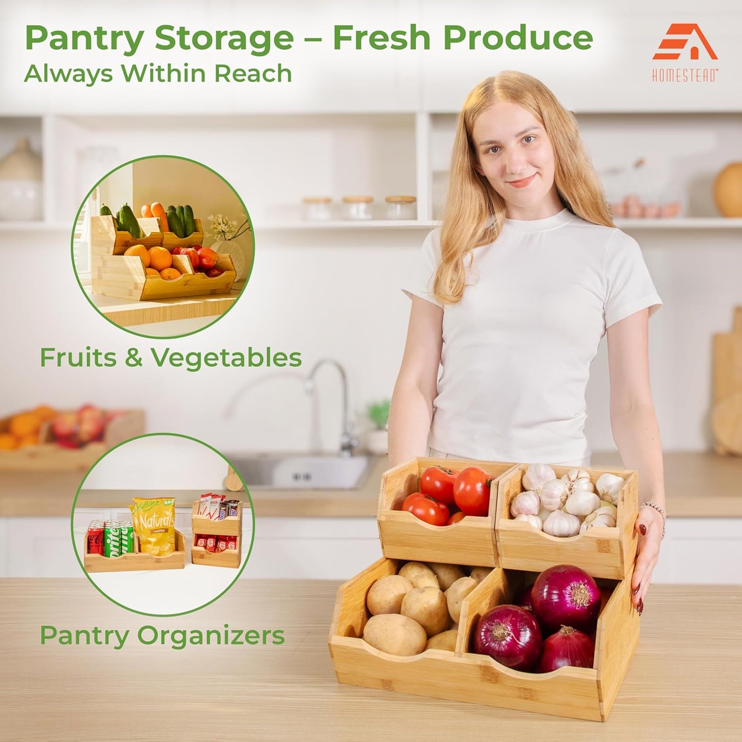 Bamboo Pantry Storage Bins – Potato & Onion Storage Bin for Pantry Organizers