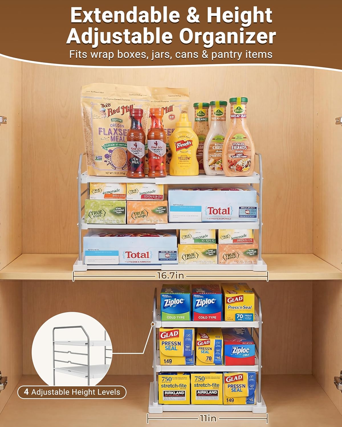 Extendable 3-Tier Kitchen Cabinet & Pantry Organizer for Plastic Wrap, Foil & Storage Bags