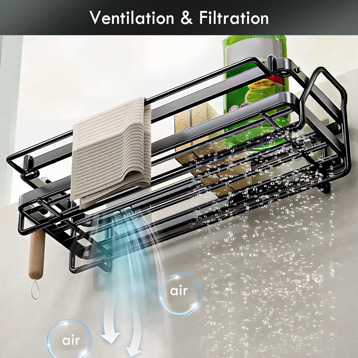 Sponge Holder for Kitchen Sink, Wall Mounted Sink Caddy with Self-Draining Drain Tray