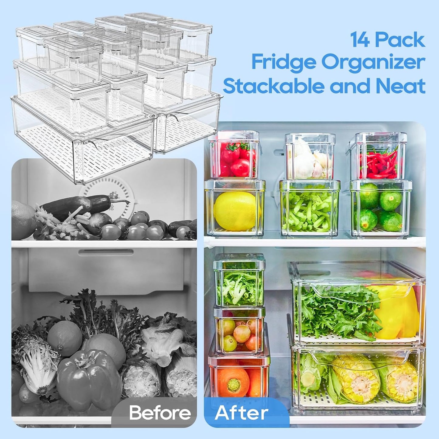 14 Pack Fridge Organizers, Refrigerator Organizer Bins with Lids