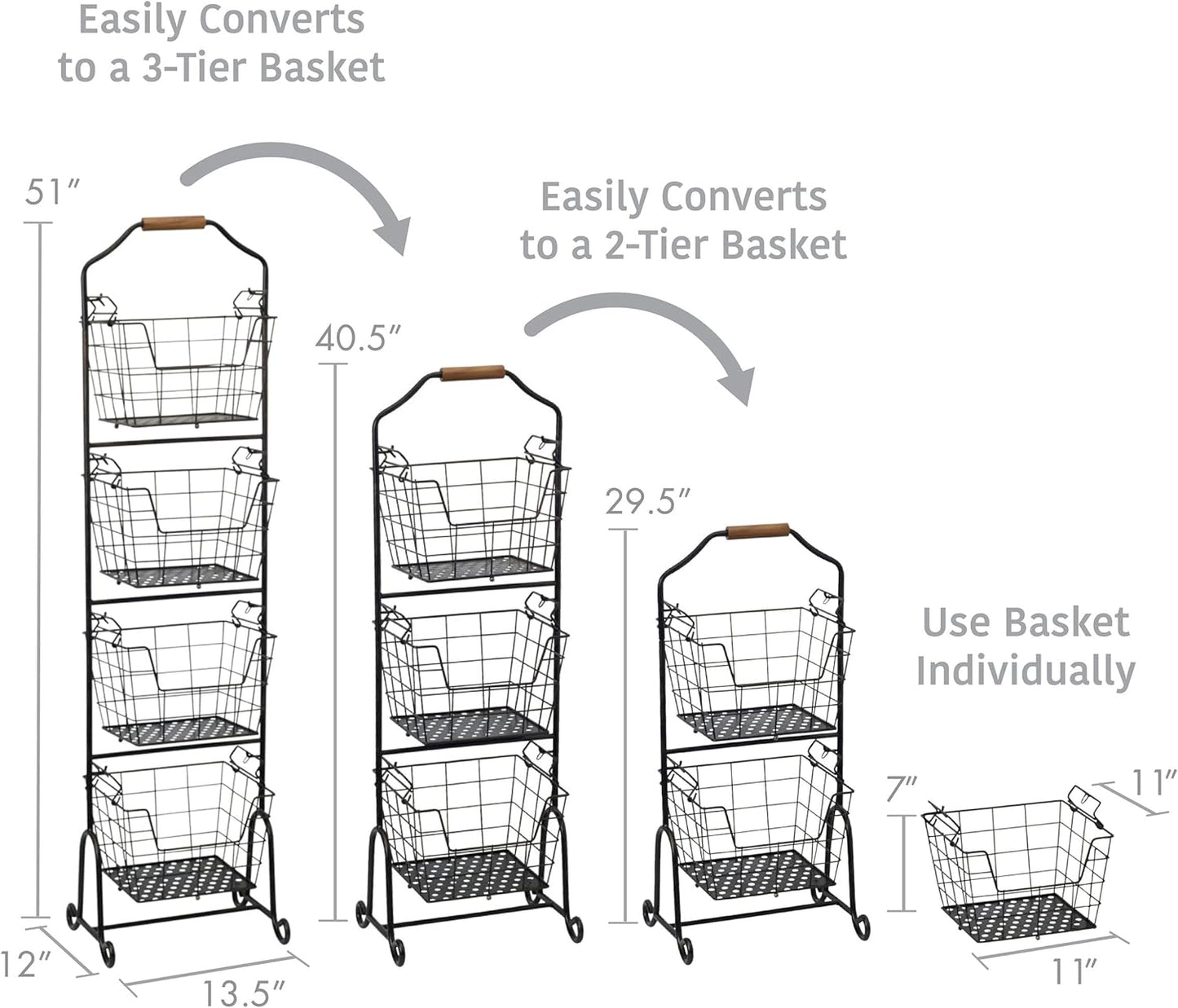 Mikasa Gourmet Basics Ferme 4-Tier Market Basket - Antique Black Wire and Acacia Wood Handle