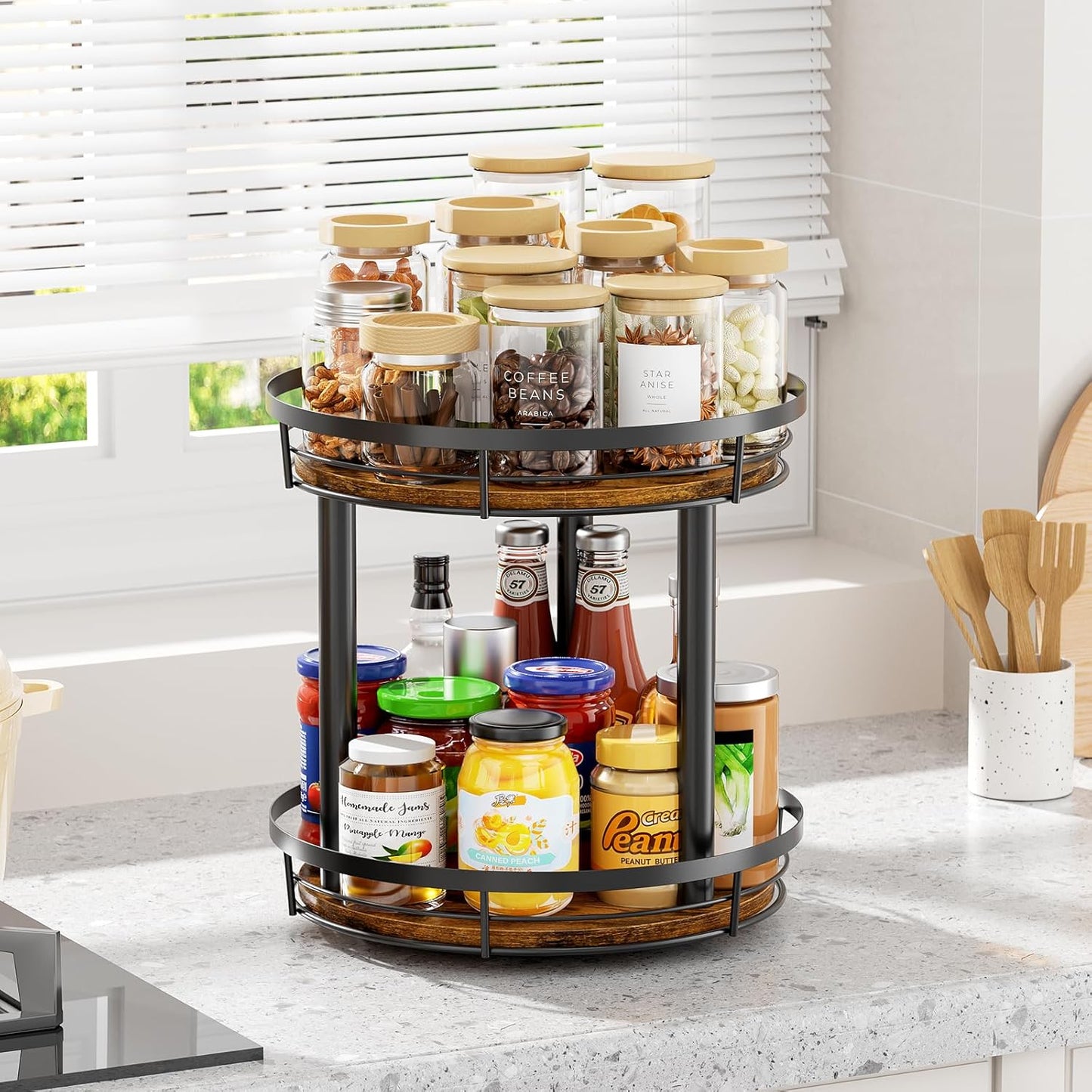 10'' Wood Lazy Susan Spice Rack Organizer, 2 Tier Spice Organization for Cabinet, Countertop