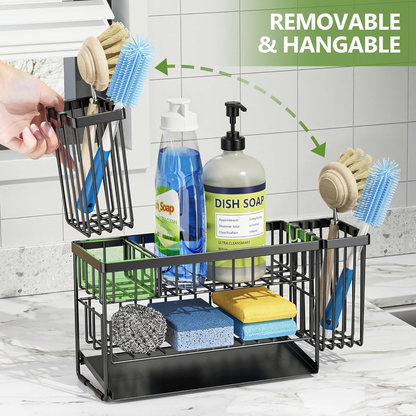 2-Tier Kitchen Sink Caddy Organzier Rack with Flexible Dish Brush Holder