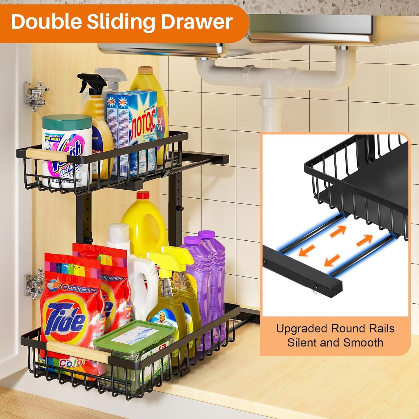 Under Sink Organizer, Height Adjustable Under Sink Organizers and Storage