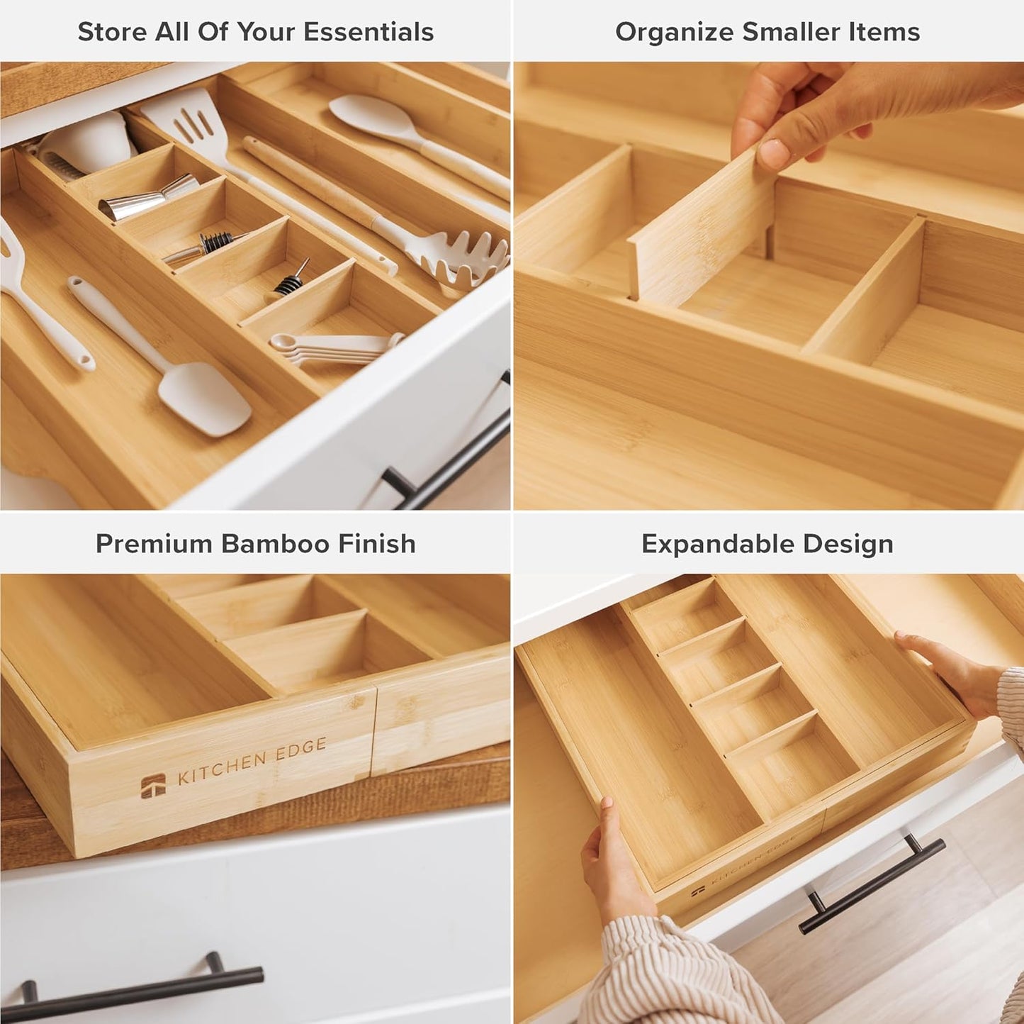 Adjustable Bamboo Kitchen Drawer Organizer for Utensils and Junk, Expandable to 28 inches Wide