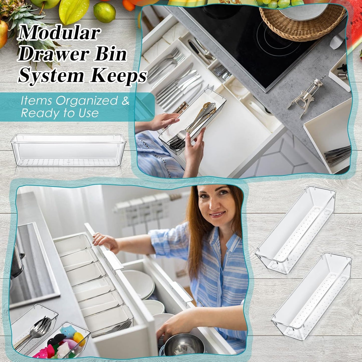 12 Pcs Clear Drawer Organizer 9 x 3 x 2 Inches Plastic Rectangle Trays Makeup Vanity Storage Bins and Kitchen Drawers Dividers for Office Desk Silverware Kitchen Utensils(Clear)