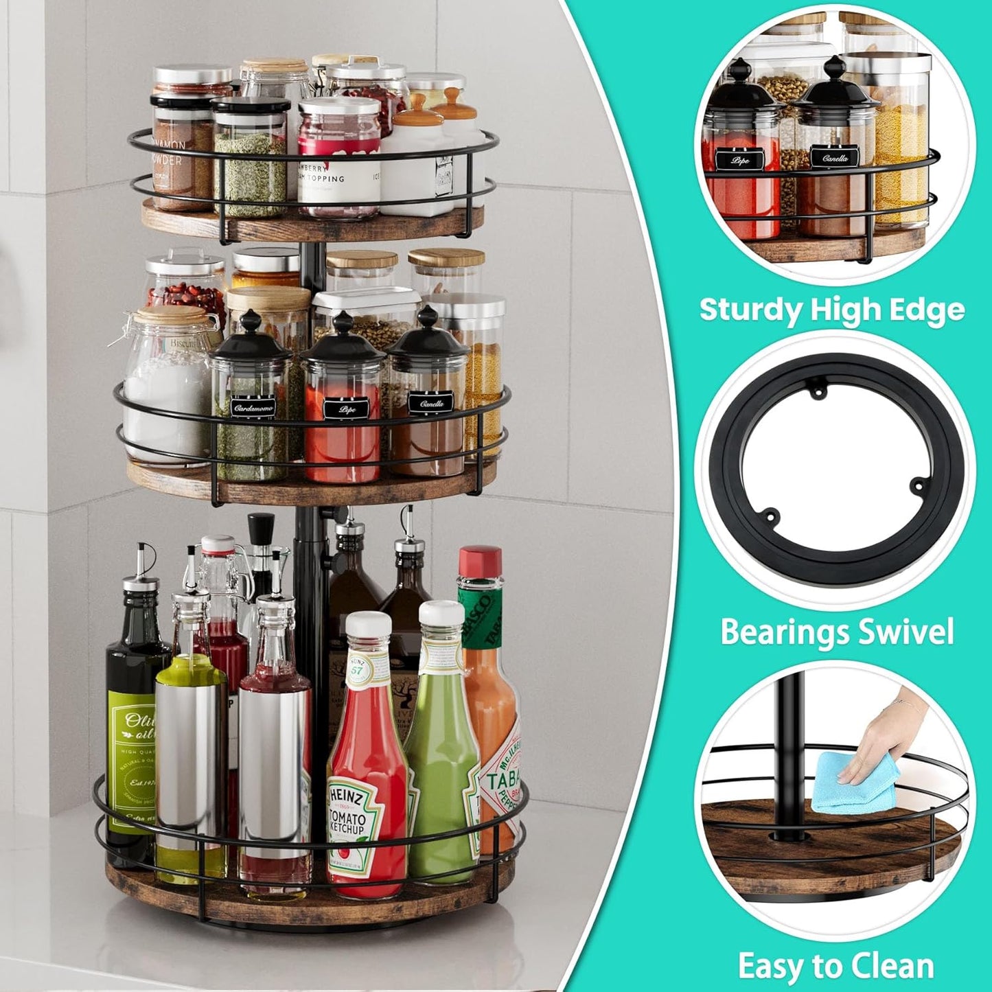 3 Tier Lazy Susan Spice Rack Organizer with Adjustable Height