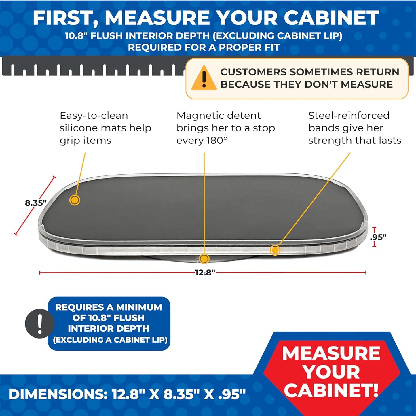 Organizer for Cabinet Steel-Reinforced 1-Tier Rotating Kitchen Organizer – Rectangular Turntable for Kitchen Cabinets – Holds Up to 30 lbs with Non-Slip Mat for Refrigerator Storage