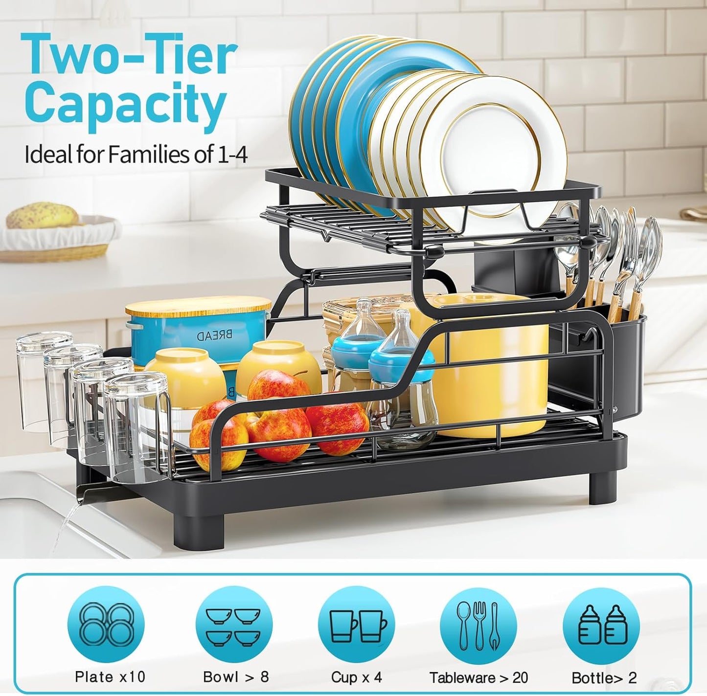 Dish Drying Rack,2 Tier Dish Drying Rack with Large Drainboard,Dish Racks for Kitchen Counter and Sink,Stainless Steel Dish Drainers with Cup ＆ Utensil Holders,Black